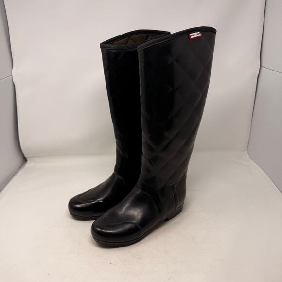 Hunter Regent Savoy Quilted Gloss Wellington Boots Black Waterproof Size 6 - Picture 2 of 12